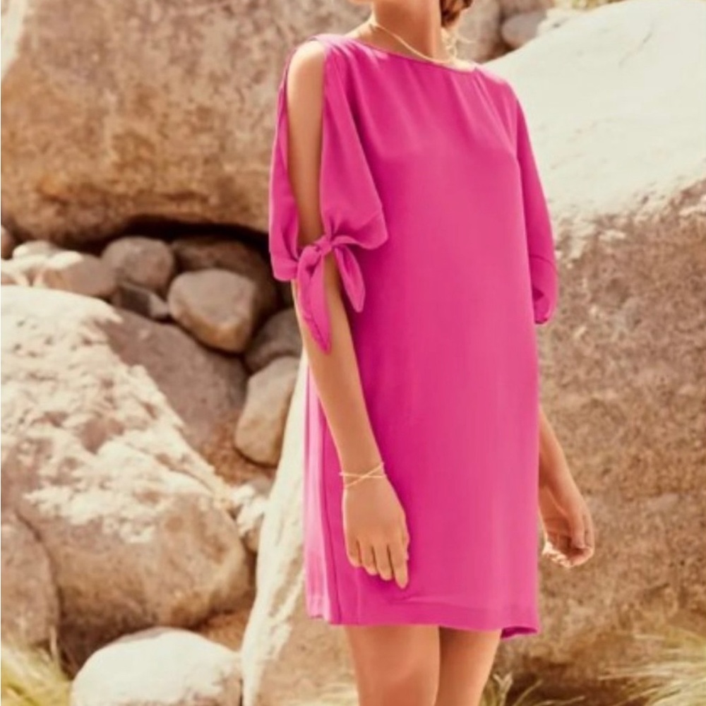 Barbie pink shift dress with tie sleeves